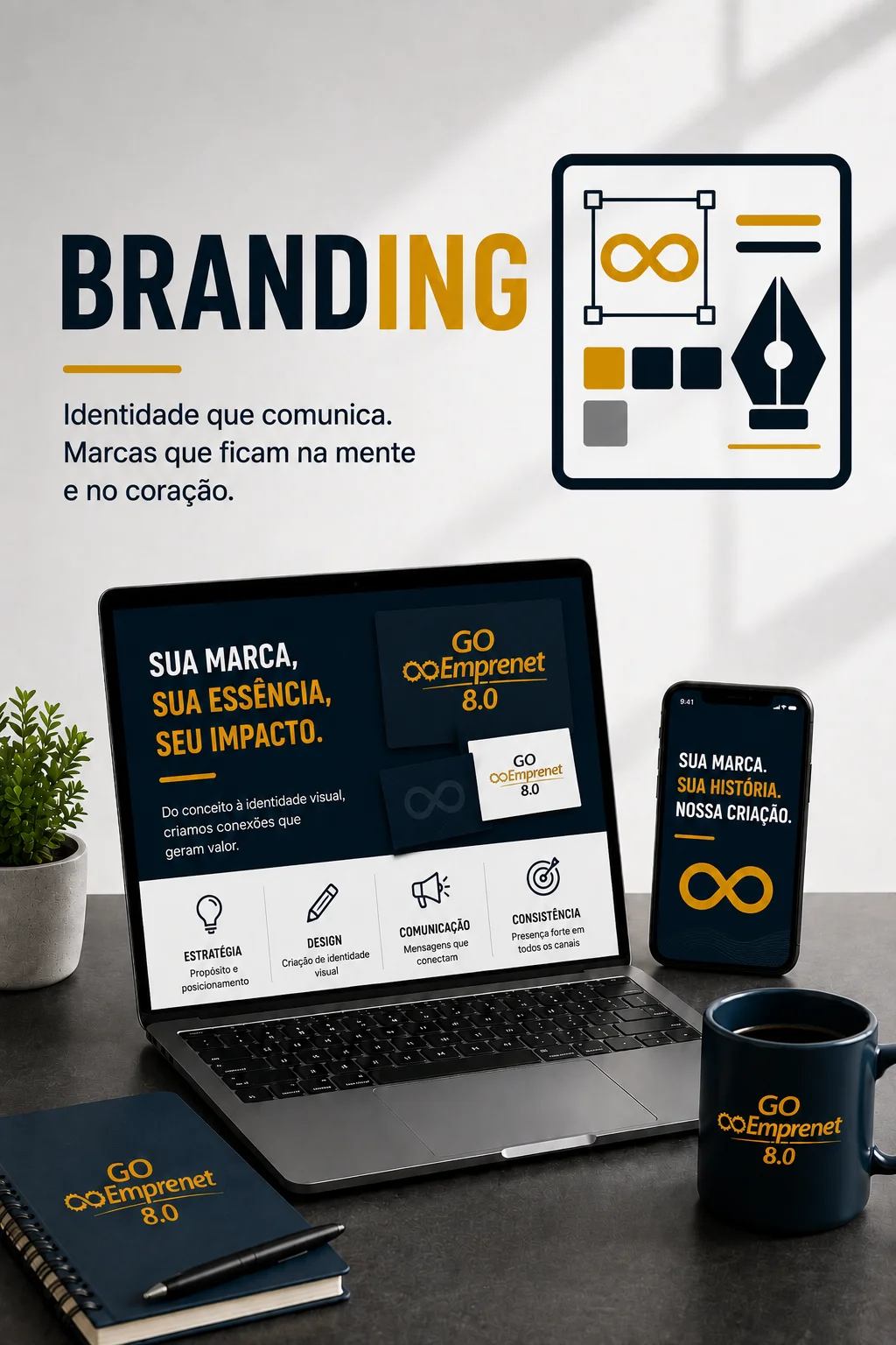 Ilustração representando branding e identidade visual para empresas, com foco na criação de marcas fortes, memoráveis e profissionais que fortalecem a presença no mercado e geram maior reconhecimento e credibilidade.