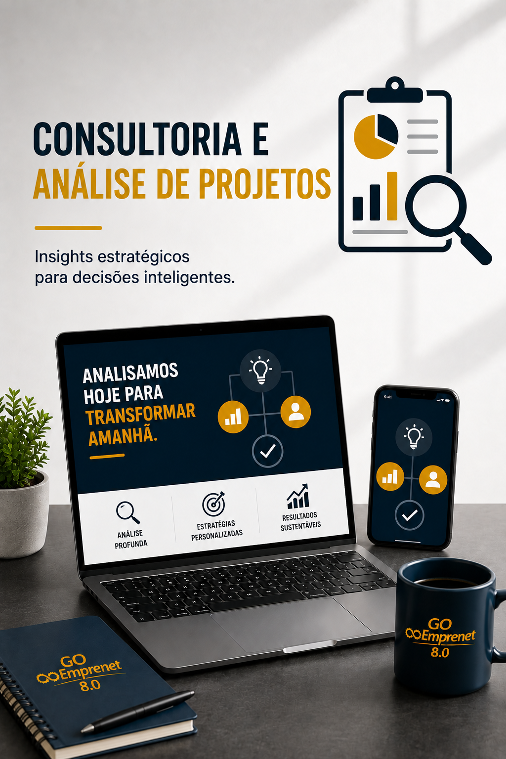Ilustração representando consultoria e análise de projetos para empresas e empreendedores, com foco em planejamento, avaliação estratégica, identificação de oportunidades e desenvolvimento de soluções para impulsionar resultados na internet.