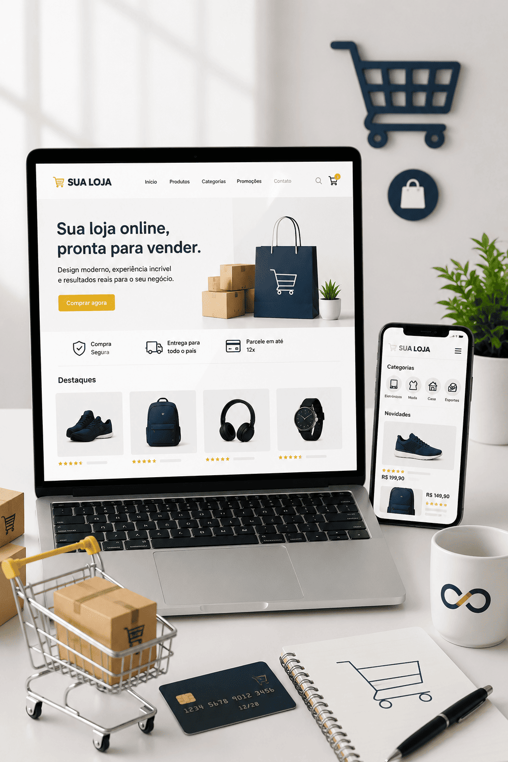 Loja virtual moderna preparada para vendas online, organização de produtos e expansão de negócios na internet.