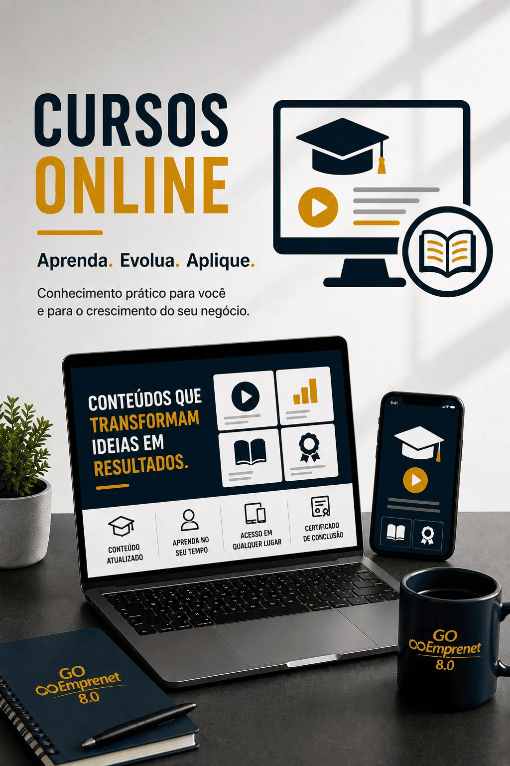 Ilustração representando cursos online voltados para empreendedorismo, marketing, tecnologia e negócios na internet, desenvolvidos para ajudar pessoas e empresas a adquirir novos conhecimentos e aplicar estratégias para crescer no ambiente digital.