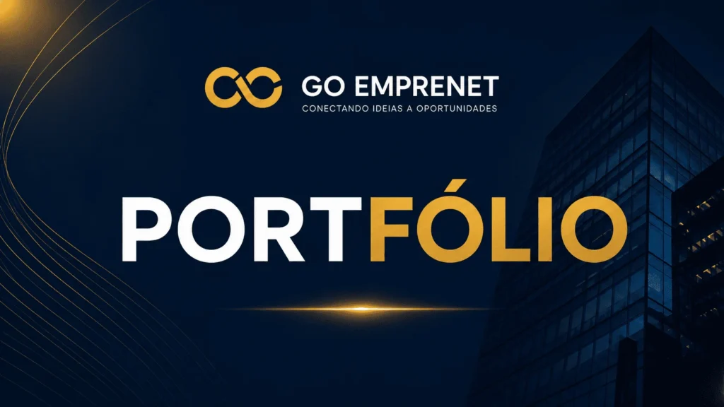 Banner institucional do GO EMPRENET com o título Portfólio em destaque, logotipo da marca, fundo azul-marinho, prédio corporativo e detalhes dourados, representando soluções desenvolvidas para empresas, empreendedores e profissionais.