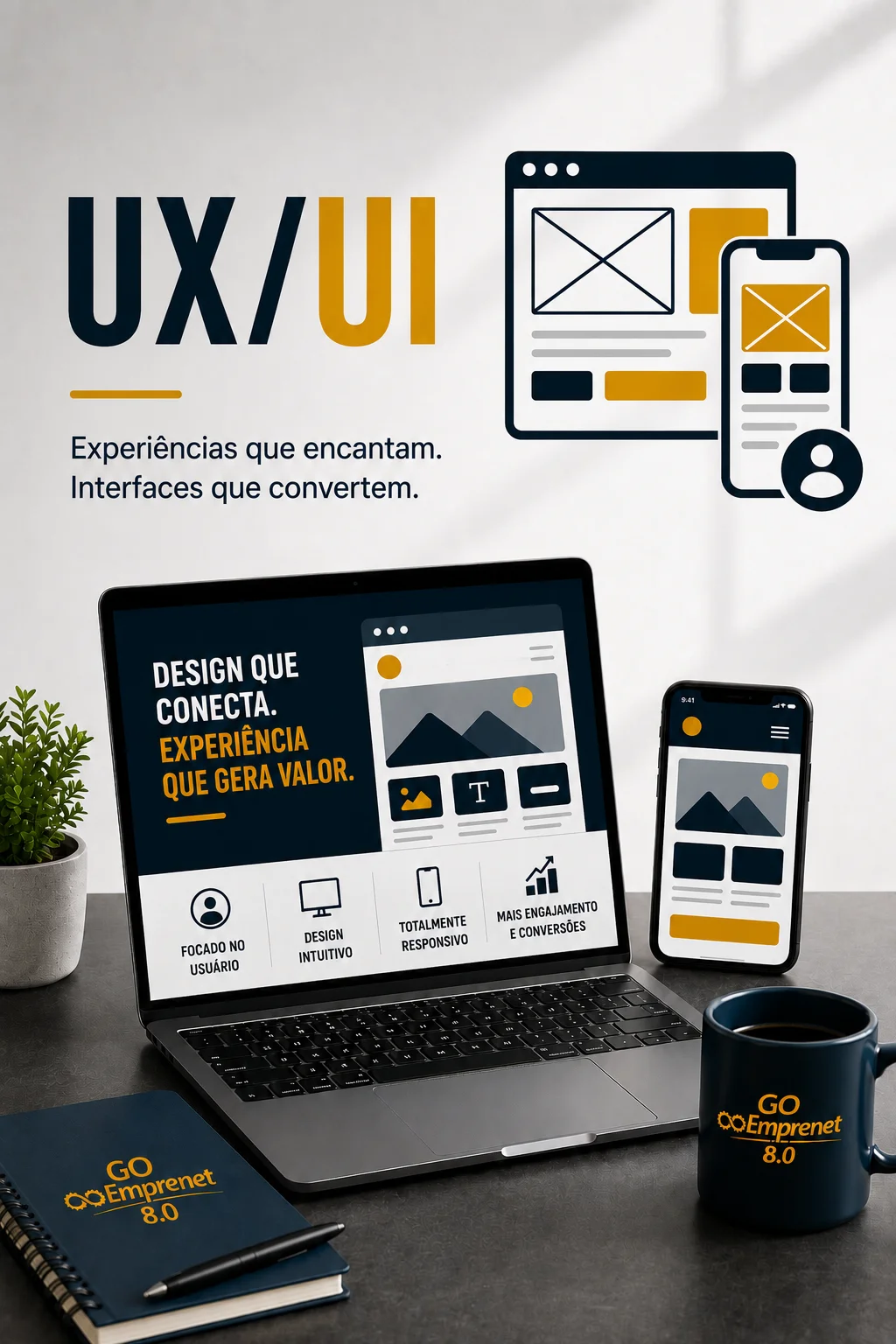 Ilustração representando UX/UI Design para criação de interfaces modernas, intuitivas e responsivas, proporcionando uma melhor experiência do usuário, navegação eficiente e maior conversão para sites, lojas online e aplicativos.