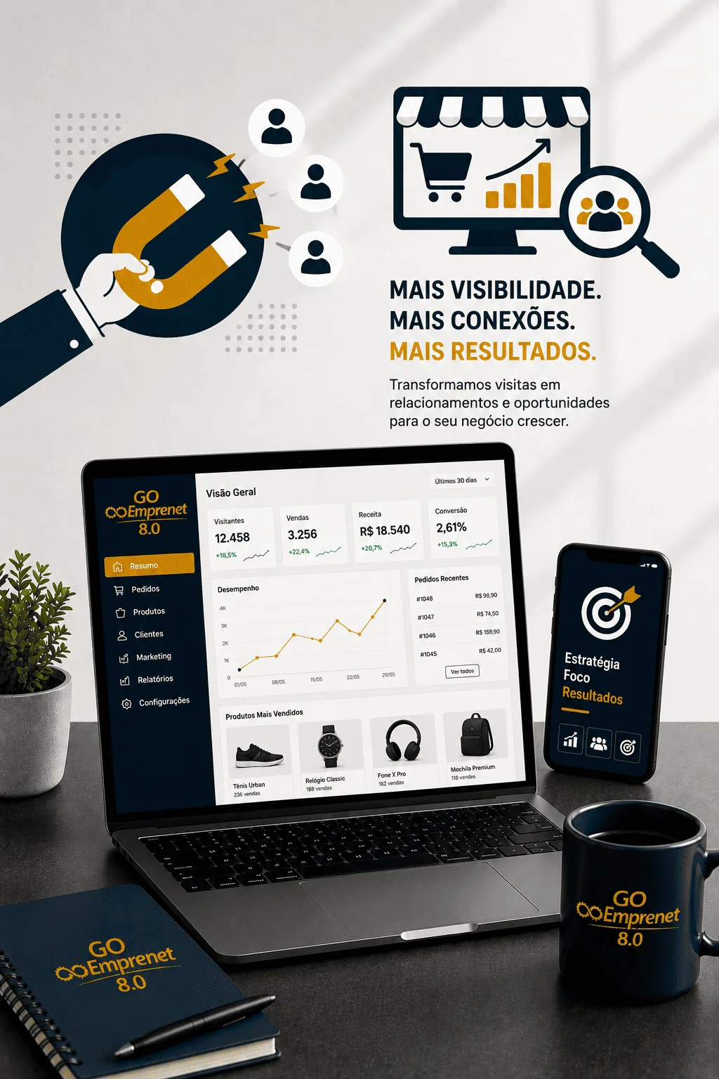 Ilustração representando a importância da presença online para empresas, destacando estratégias para aumentar a visibilidade na internet, atrair mais clientes, fortalecer a marca e gerar novas oportunidades de negócio.