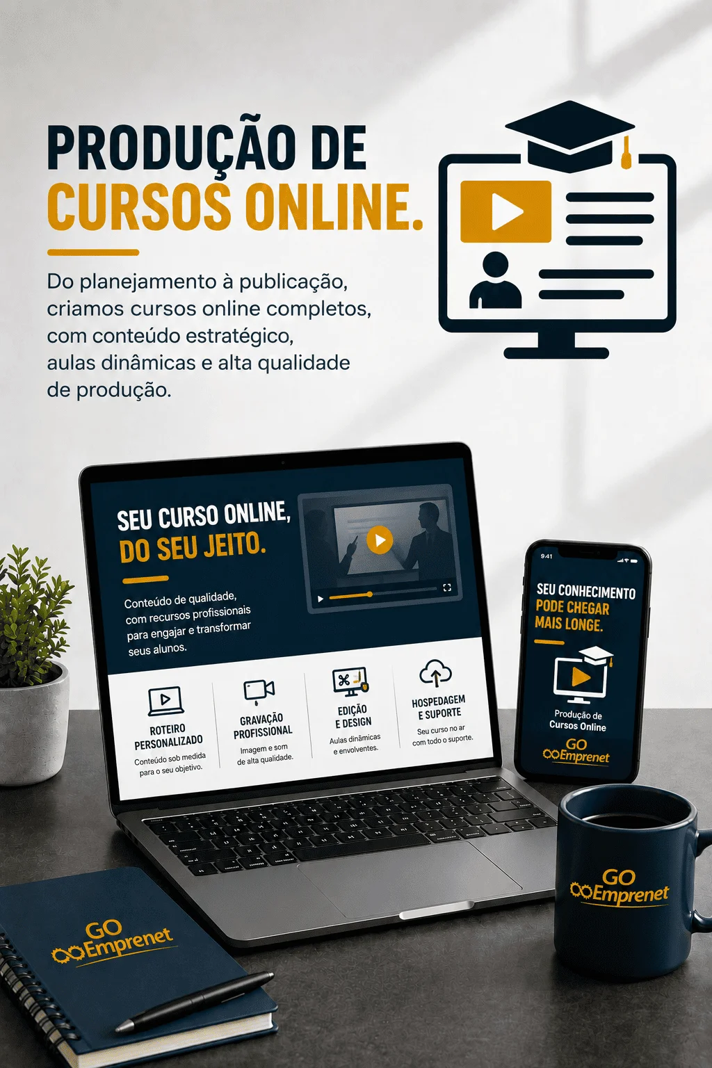 Imagem onde mostra texto explicando o serviço de produção de cursos online do site Go Emprenet